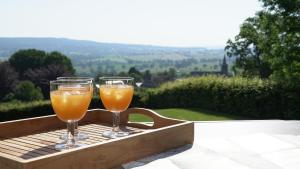 two glasses of orange juice sitting on a wooden table at "Petite perle en Haute Ardenne" avec vue sur la vallée, cabine infra-rouge et bain balnéo in Lierneux