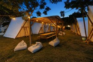 a group of tents with white pillows in the grass at Kampaoh Hostel Trafalgar in Los Caños de Meca