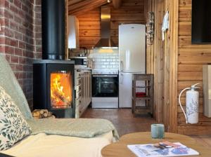 a living room with a fireplace and a stove at Charmig timmerstuga i Vemdalen in Vemhån