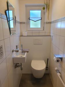 a bathroom with a toilet and a sink and a window at Haus Idili in Sankt Gallenkirch +70 photos