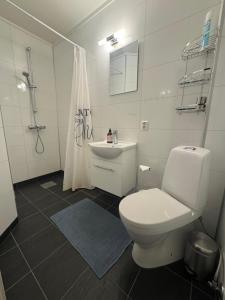 a white bathroom with a toilet and a sink at House on the lake in Bogen +37 photos