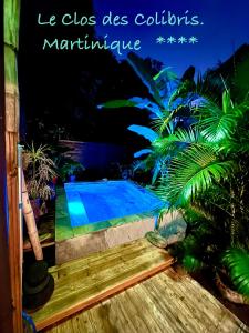 a view of a swimming pool at night at LODGE COLIBRIS Piscine Privée vue panoramique mer et montagne pelée , 500 m plage dans un parc , Calme assuré Idéal pour découvrir le nord Caraïbes in Le Carbet