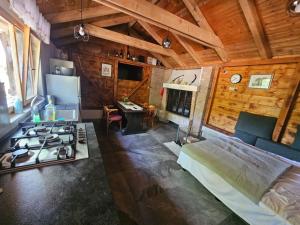 a kitchen with a stove in a room with wooden walls at Country House Speedy in Komiža