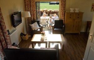 a living room with a couch and a table and a tv at Erve Woolderink in Wierden
