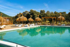 a swimming pool with chairs and straw umbrellas at Kampaoh El Pedroso in El Pedroso