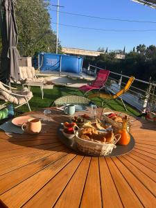 a plate of food on a table on a deck at Peniche l’Arlésienne in Arles