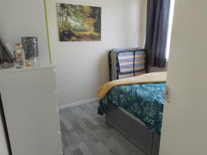 a bedroom with a bed and a painting on the wall at SHORTIEs STAYS in Hemsby