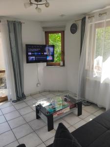 a living room with a glass coffee table and a tv at Ferienwohnung am Trillenbühl in Salem