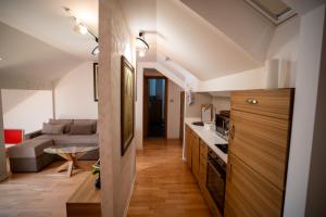 eine Küche und ein Wohnzimmer mit Sofa in der Unterkunft Privilege Room's by Central Park in Belgrad