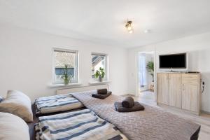 a living room with a couch and a flat screen tv at Fewo Diemelrauschen in Eimelrod
