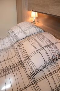 a bed with a plaid comforter and a lamp at Les prés saint jean in Champigny-sur-Aube