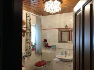 a bathroom with a sink and a toilet and a chandelier at Villa Merzbach - Wohnen wie im Museum mit Komfort in Untermerzbach +29 photos