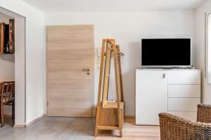 a room with a television and a wooden ladder at Weinbergschnecke Ferienwohnung in Efringen-Kirchen