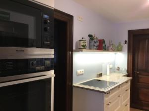 a kitchen with a microwave oven and a stove at Villa Merzbach - Wohnen wie im Museum mit Komfort in Untermerzbach