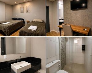 a hotel room with a bed and a bathroom at Hotelcity in Brusque +43 photos
