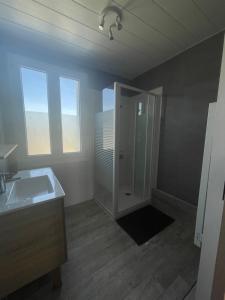 a white bathroom with a shower and a sink at gîte Théalys- proche Puy du Fou in La Petite-Boissière