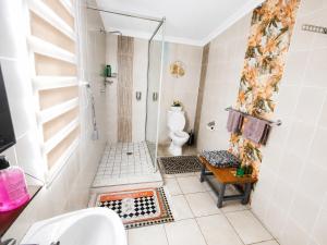 a bathroom with a shower and a toilet at WHY NOT GUESTHOUSE in Bothaville