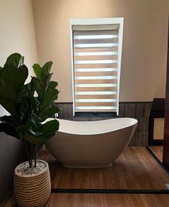 a bathroom with a bath tub and a window at Gemstay Hotel Hue in Thôn Trường Giang