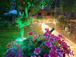 a garden with flowers in the yard at night at Chimera Pia Aparts in Cıralı