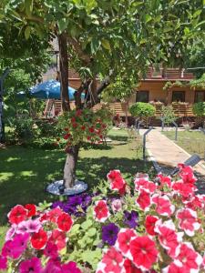 a bunch of flowers in a garden with a tree at Chimera Pia Aparts in Cıralı
