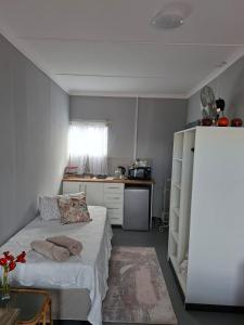 a small bedroom with a bed and a kitchen at Koeroebees 1 in Springbok