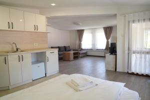 a large kitchen and living room with white cabinets at Къща за гости Мекана in Borino