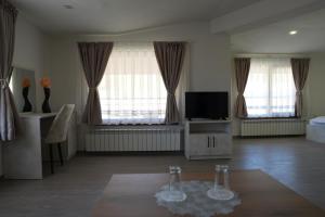 a living room with a tv and two windows at Къща за гости Мекана in Borino