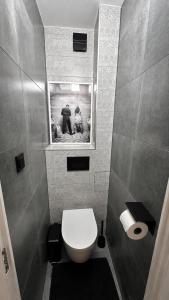 a bathroom with a toilet and two people in a mirror at PT Residence in Zalaegerszeg