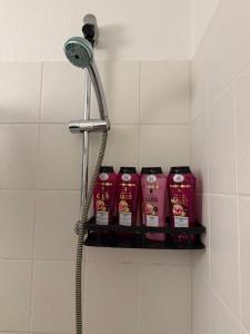 a bathroom with a shelf with four bottles of soap at Modernes gemütliches Studio Zimmer in Elmshorn