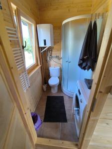 a small bathroom with a toilet and a sink at Chata Tisá in Tisá +30 photos