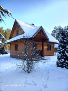 a wooden house with snow on top of it at Gajówka nad Serwami in Mołowiste