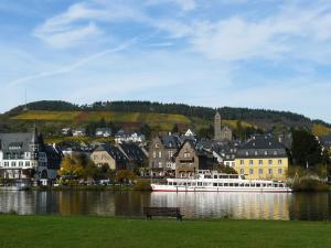a boat in the water next to a town at Weingut Caspari, Familie Eggert in Traben-Trarbach