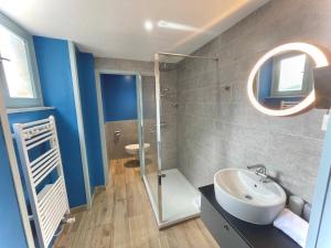 a bathroom with a sink and a glass shower at Hôtel des Cymaises in Semur-en-Auxois