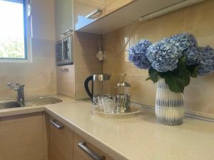 a vase filled with blue flowers on a kitchen counter at SUNLUX Seaview Apartment in Đenovići