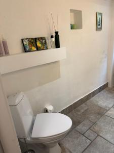 a bathroom with a white toilet in a room at Brøndums B & B in Hjørring