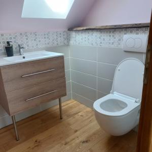 a bathroom with a toilet and a sink at Le paradis sur mer in Paimpol +21 photos
