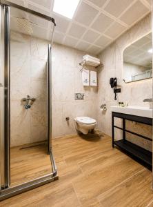 a bathroom with a shower and a toilet and a sink at Nora Airport Hotel in Arnavutköy +31 photos