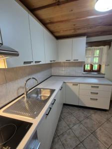 a kitchen with white cabinets and a sink at Turistična kmetija Kunstek in Rogatec