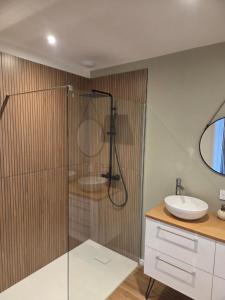 a bathroom with a shower and a sink at Les embruns du retz in Chaumes en Retz