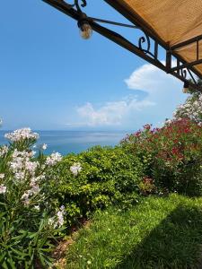 a view of the ocean from a garden with flowers at Casa vacanze Piedigrotta in Pizzo