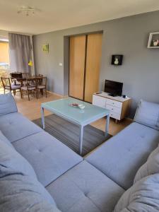 a living room with a couch and a table at Rodzinny dom w Rożnowie Duży Ogród i Zabawki in Rożnów