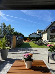 a patio with two potted plants on a wooden deck at Domki Gala- blisko plaży, basen z podgrzewaną wodą , sauna , parking in Grzybowo