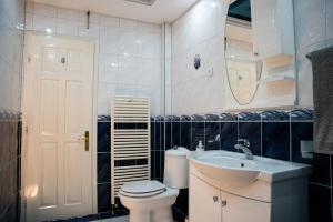 a bathroom with a white toilet and a sink at Rooms Asceric in Stari Banovci