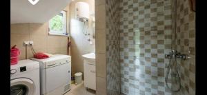 a bathroom with a washing machine and a shower at Vila-kuca"Jasmin"pored rijeke i jezera in Konjic +23 photos