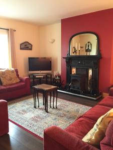 a living room with a fireplace and a mirror at Red Gate House B&B in Malin