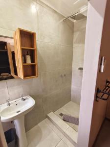 a bathroom with a sink and a shower at River Suite at On-the-Up in Potchefstroom
