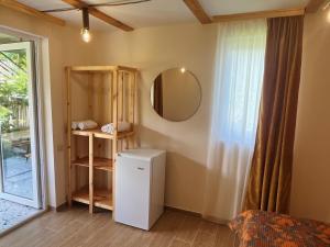 a room with a small refrigerator and a mirror at Mountain View in Lagodekhi +131 photos