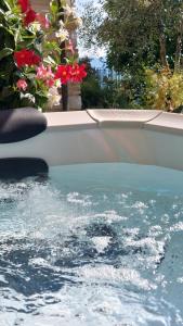 a pool of water with red flowers in a yard at B&B Fonte Fresca in Fabriano