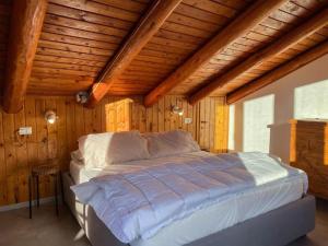 ein großes Bett in einem Zimmer mit Holzwänden in der Unterkunft Panorama 3B - AffittiPontediLegno in Temù