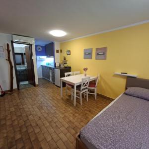 a room with a table and chairs and a kitchen at Terra Apartments in Piran